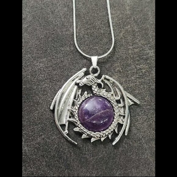 Silver Amethyst Crystal Dragon Necklace - Picture 1 of 2